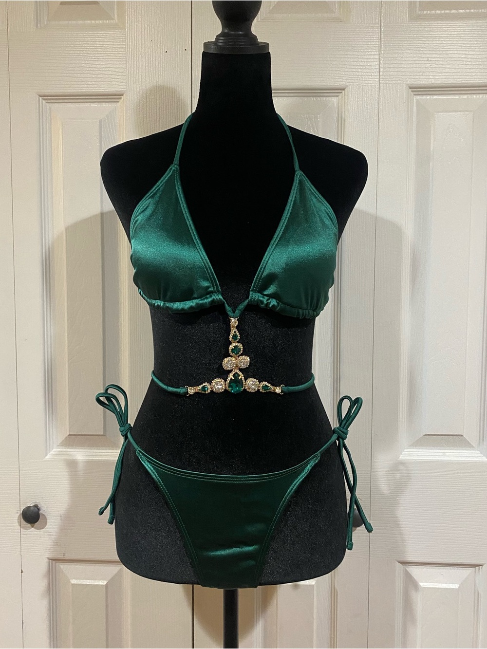Emerald Green Rhinestone Decor, Jeweled Triangle Halter Neck Bikini Set